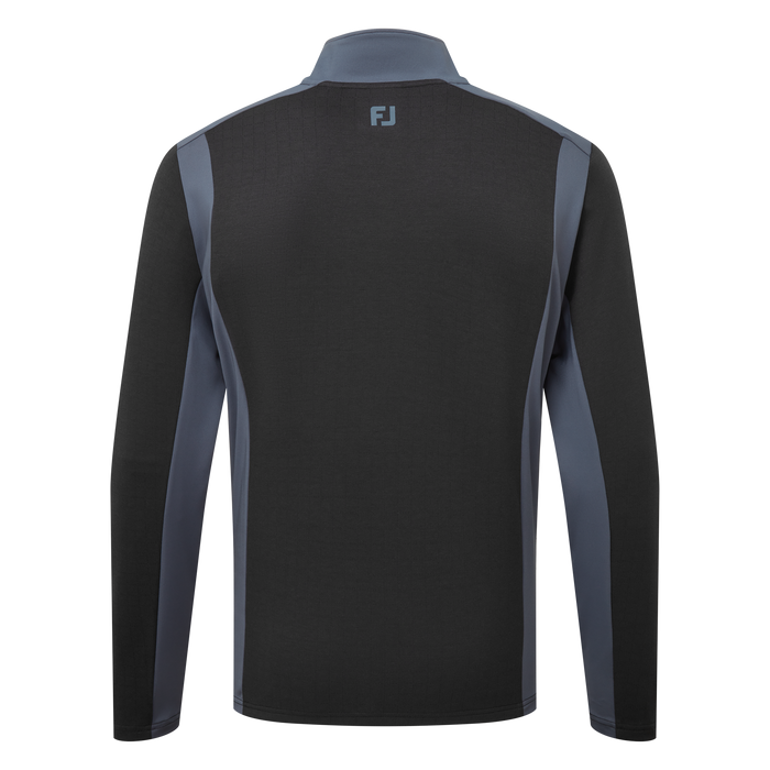 Back view of a long-sleeve athletic quarter-zip top in black with grey side panels and a small light blue 'FJ' logo at the upper back, shown on a white background.