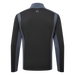 Back view of a long-sleeve athletic quarter-zip top in black with grey side panels and a small light blue 'FJ' logo at the upper back, shown on a white background.