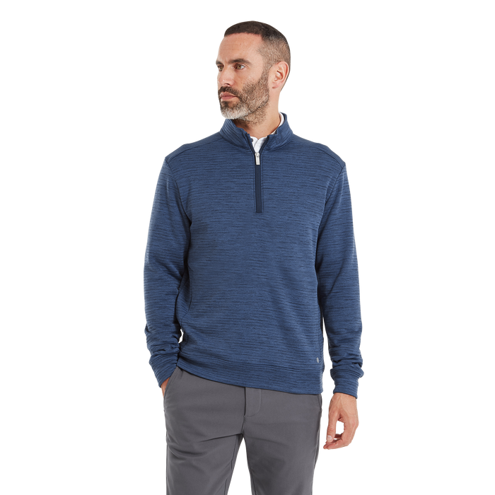FootJoy ThermoSeries space dye golf midlayer in blue, featuring a quarter-zip neck and long sleeves, front view.