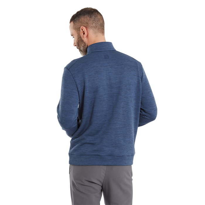 Back view of a blue FootJoy ThermoSeries space dye golf midlayer with a quarter-zip collar and textured fabric.