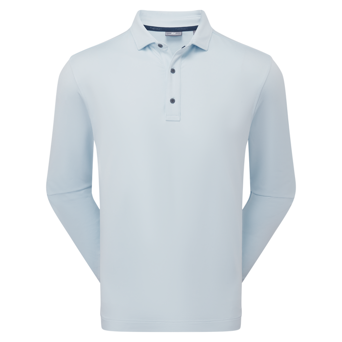 front of the FootJoy ThermoSeries Long Sleeve Men's Golf Polo Shirt in mist light blue