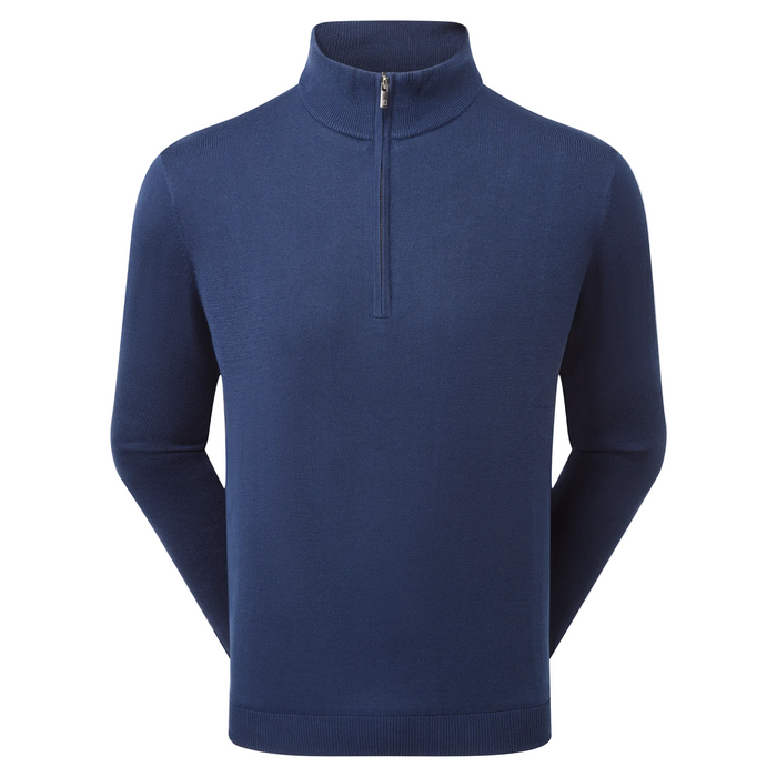 front of the FootJoy drirelease Half Zip Lined Men's Golf Sweater in navy with zip all the way up