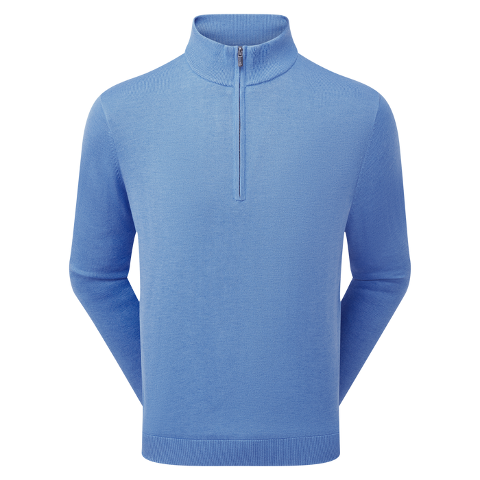 FootJoy drirelease Half Zip Lined Men's Golf Sweater in heather blue, showing zip done up