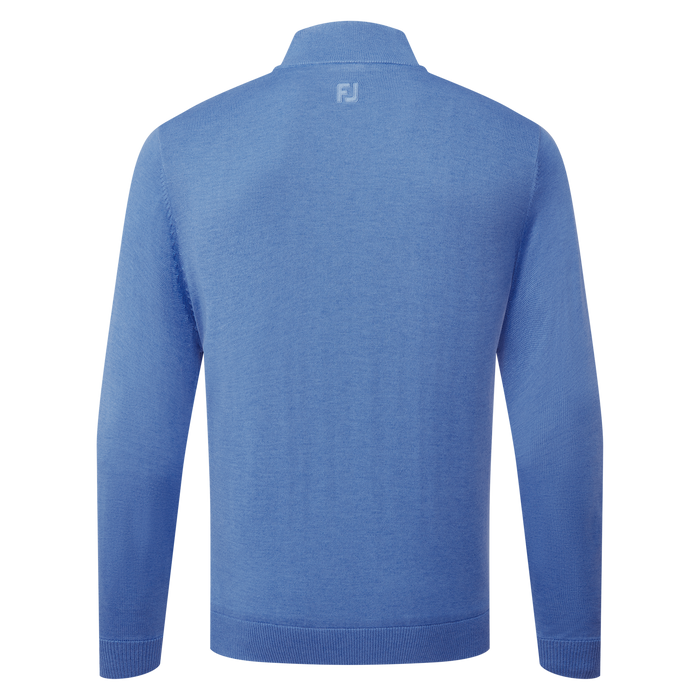 the back of the FootJoy drirelease Half Zip Lined Men's Golf Sweater in heather blue