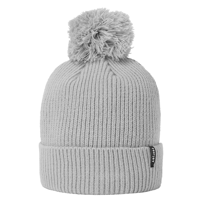 FootJoy Cuffed Golf Bobble Hat in grey, featuring a ribbed knit design, pom-pom top, and side brand tab, front view.
