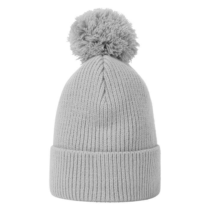 FootJoy Cuffed Golf Bobble Hat in light grey, featuring a ribbed knit design and a matching pom-pom top, front view.