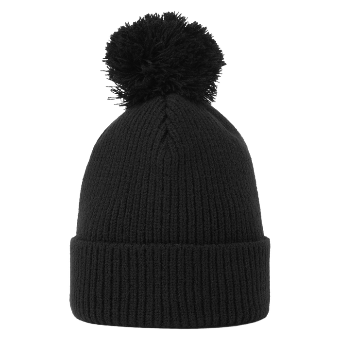 FootJoy Cuffed Golf Bobble Hat in navy, featuring a ribbed knit design and a matching pom-pom top, front view.