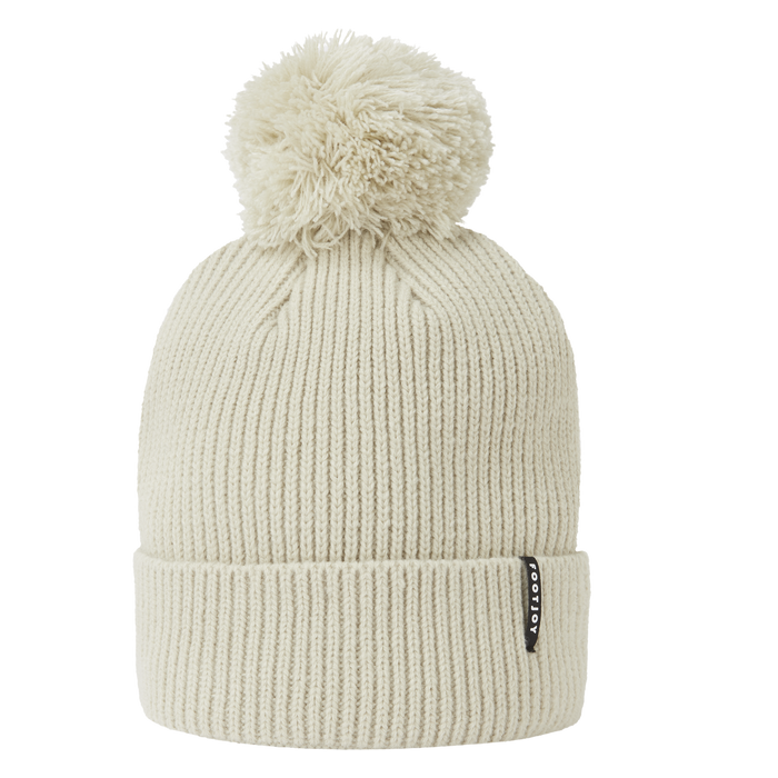 FootJoy Cuffed Golf Bobble Hat in stone, featuring a ribbed knit design, turn-up cuff, and branded side tab.