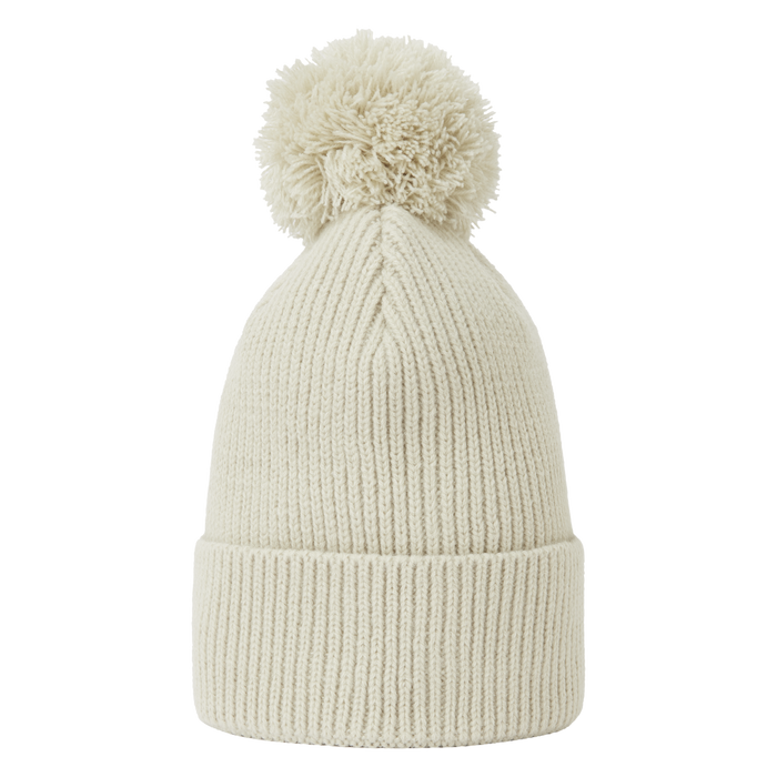 FootJoy Cuffed Golf Bobble Hat in cream, featuring a ribbed knit design and a matching pom-pom, front view.