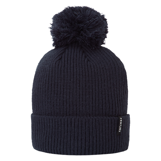 Black FootJoy cuffed golf bobble hat in a ribbed knit design with a matching pom-pom and side logo tab.