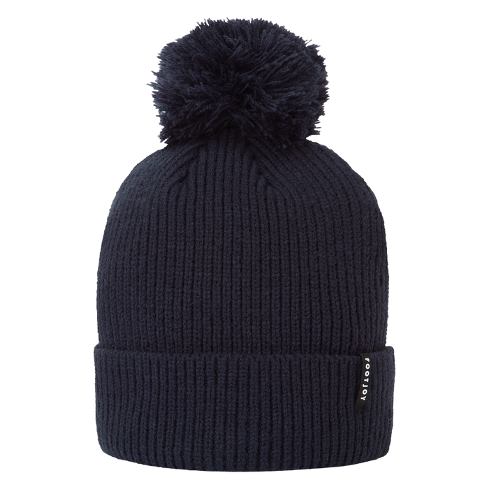 Black FootJoy cuffed golf bobble hat in a ribbed knit design with a matching pom-pom and side logo tab.