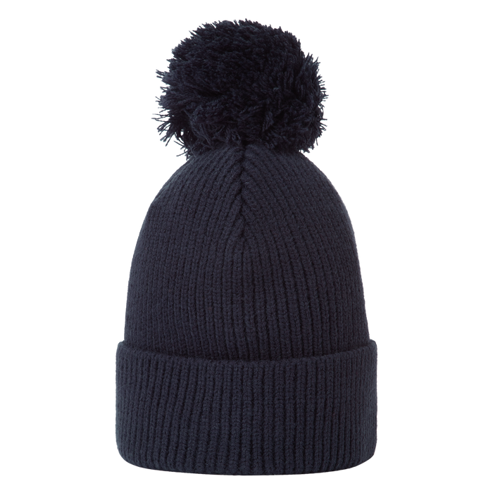 FootJoy Cuffed Golf Bobble Hat in navy blue, featuring a ribbed knit design and a large matching pom-pom on top.