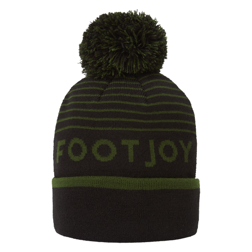 FootJoy Striped Golf Bobble Hat in olive and black with a knitted design and pom-pom detail, front view.