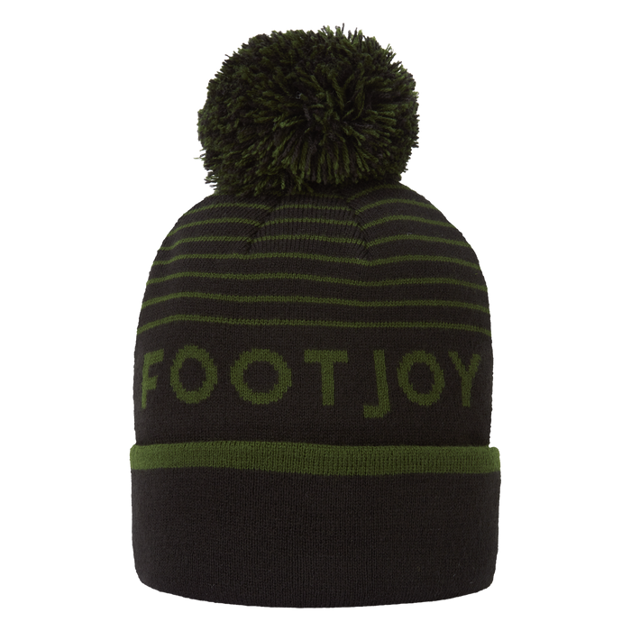 FootJoy Striped Golf Bobble Hat in olive and black with a knitted design and pom-pom detail, front view.