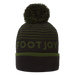 FootJoy Striped Golf Bobble Hat in olive and black with a knitted design and pom-pom detail, front view.