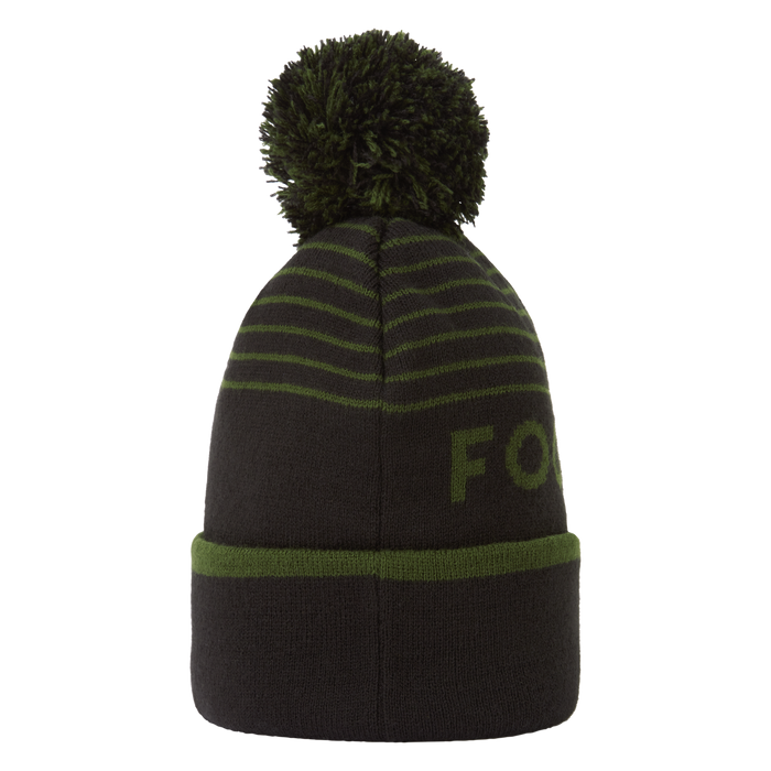 FootJoy striped golf bobble hat in black and green with a ribbed turn-up cuff and matching pom-pom, front view.