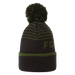 FootJoy striped golf bobble hat in black and green with a ribbed turn-up cuff and matching pom-pom, front view.