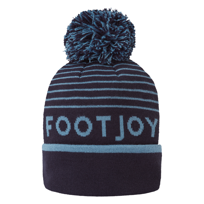FootJoy Striped Golf Bobble Hat in navy and midnight blue with a large pom-pom and front logo branding.