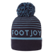 FootJoy Striped Golf Bobble Hat in navy and midnight blue with a large pom-pom and front logo branding.