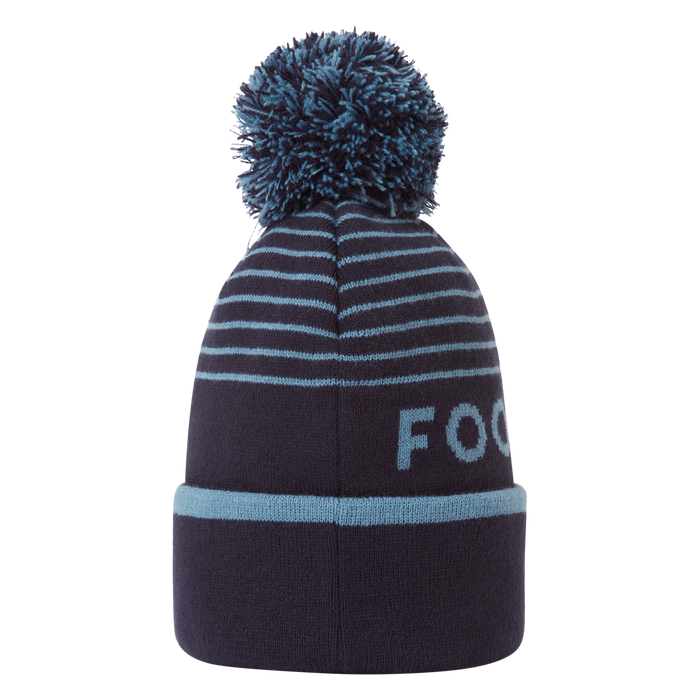 FootJoy striped golf bobble hat in navy and light blue with a large pom-pom and folded cuff, front view.