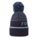FootJoy striped golf bobble hat in navy and light blue with a large pom-pom and folded cuff, front view.