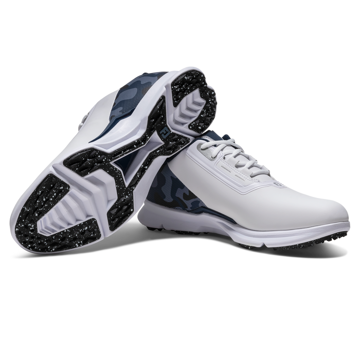 FootJoy Fuel Golf Shoes - White/Navy/Silver - pair view of top and bottom of shoes