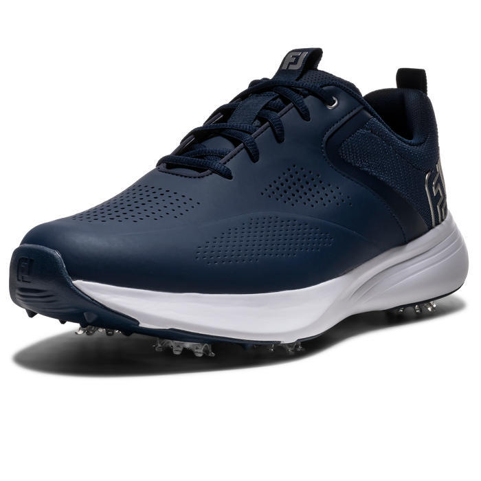FootJoy Qualifier men's spiked golf shoe in navy blue with a white midsole and perforated synthetic upper, side view.