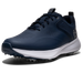 FootJoy Qualifier men's spiked golf shoe in navy blue with a white midsole and perforated synthetic upper, side view.