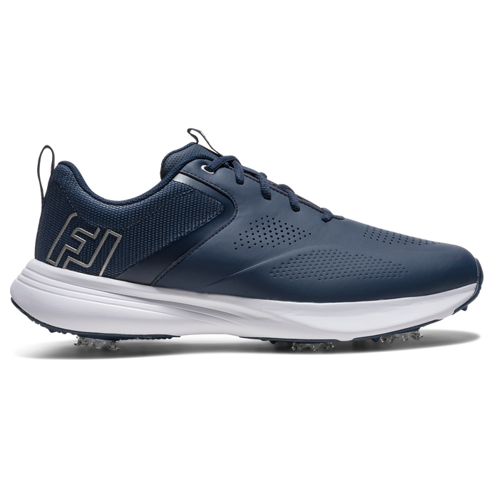 FootJoy Qualifier men's spiked golf shoe in navy blue and silver, side view featuring a white midsole and mesh detailing.