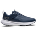 FootJoy Qualifier men's spiked golf shoe in navy blue and silver, side view featuring a white midsole and mesh detailing.