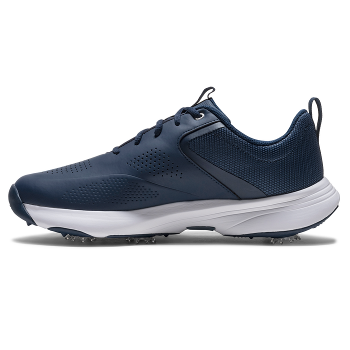 Side view of navy blue FootJoy Qualifier spiked golf shoe with a white cushioned midsole and perforated upper.