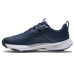 Side view of navy blue FootJoy Qualifier spiked golf shoe with a white cushioned midsole and perforated upper.