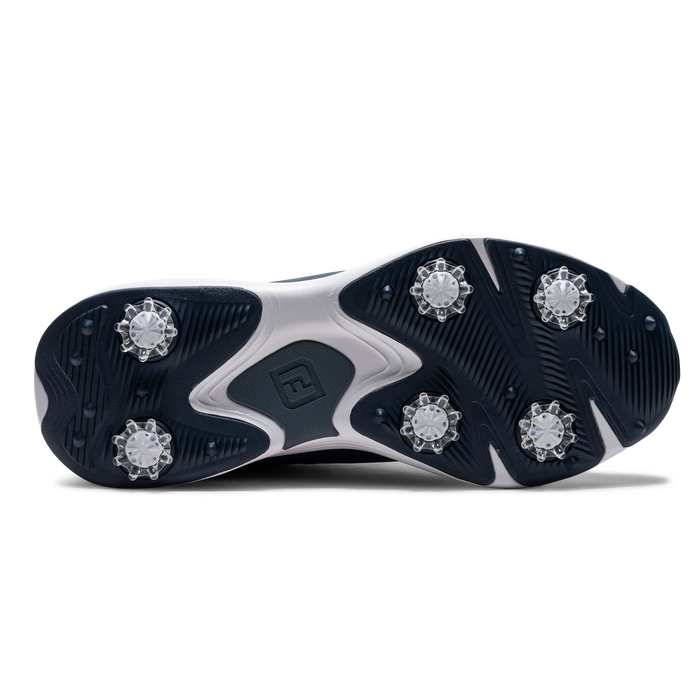 Bottom view of FootJoy Qualifier men's spiked golf shoes in navy and white with six replaceable cleats.