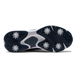 Bottom view of FootJoy Qualifier men's spiked golf shoes in navy and white with six replaceable cleats.