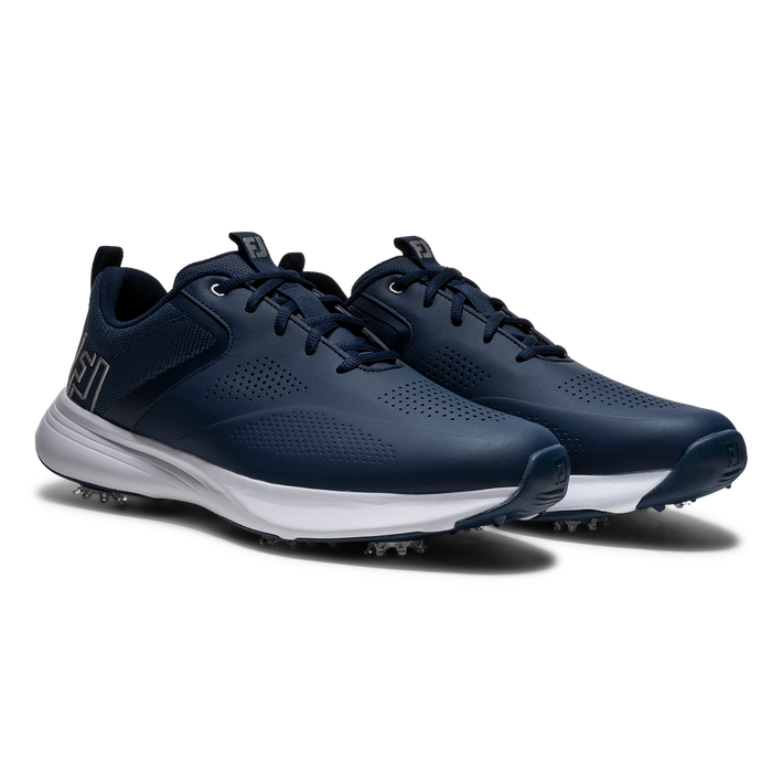 FootJoy Qualifier men's spiked golf shoes in navy blue with a white midsole and perforated synthetic upper, side view.