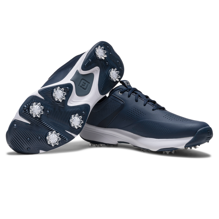 FootJoy Qualifier men's navy blue spiked golf shoes showing side profile and white rubber sole with cleats.