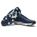 FootJoy Qualifier men's navy blue spiked golf shoes showing side profile and white rubber sole with cleats.