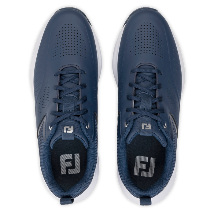 Top-down view of navy blue FootJoy Qualifier men's spiked golf shoes with white midsoles and perforated detailing.