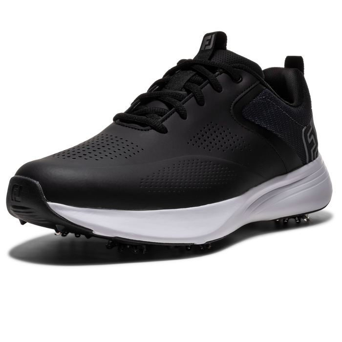 FootJoy Qualifier men's spiked golf shoe in black with a white midsole, side view showing perforated synthetic upper.