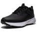 FootJoy Qualifier men's spiked golf shoe in black with a white midsole, side view showing perforated synthetic upper.
