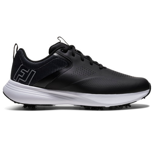 FootJoy Qualifier men's spiked golf shoe in black, white and grey, side view showing perforated synthetic upper.