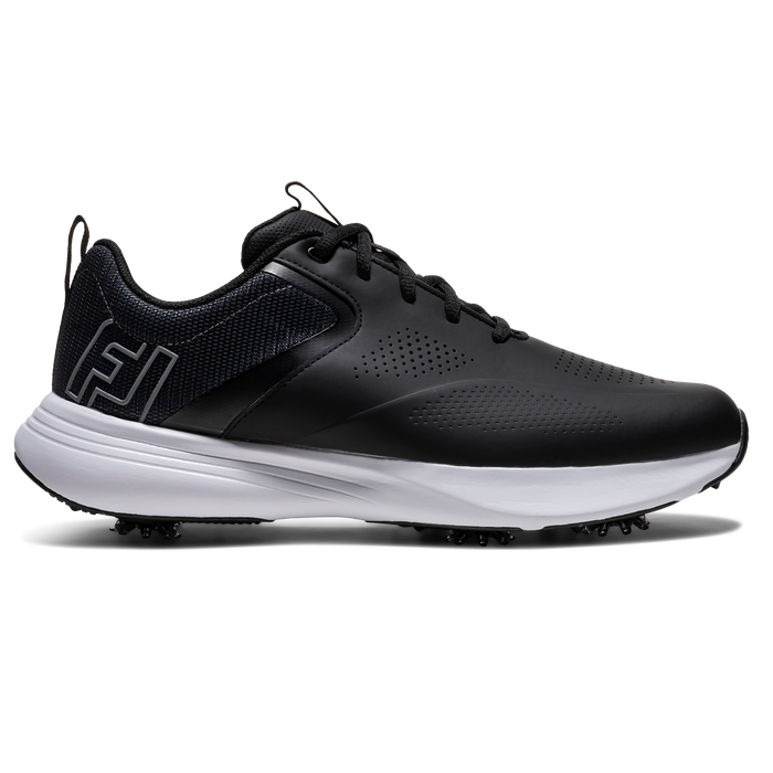FootJoy Qualifier men's spiked golf shoe in black, white and grey, side view showing perforated synthetic upper.