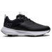 FootJoy Qualifier men's spiked golf shoe in black, white and grey, side view showing perforated synthetic upper.
