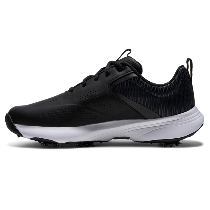FootJoy Qualifier men's spiked golf shoe in black with a white midsole, shown from a side profile view.