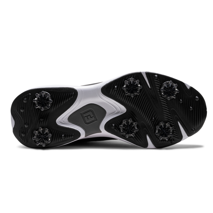 FootJoy Qualifier men's spiked golf shoe, showing the black and white textured rubber outsole with replaceable cleats.
