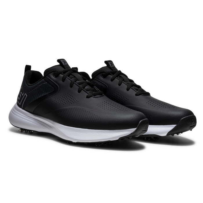 FootJoy Qualifier men's spiked golf shoes in black with a white midsole, side view showing perforated synthetic upper.