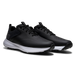 FootJoy Qualifier men's spiked golf shoes in black with a white midsole, side view showing perforated synthetic upper.