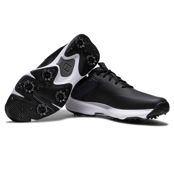 FootJoy Qualifier men's spiked golf shoes in black with a white midsole, showing side and sole views with cleats.