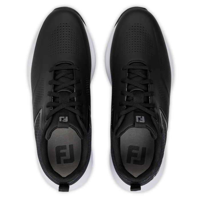 Top-down view of black FootJoy Qualifier men's spiked golf shoes with white soles and perforated detailing.
