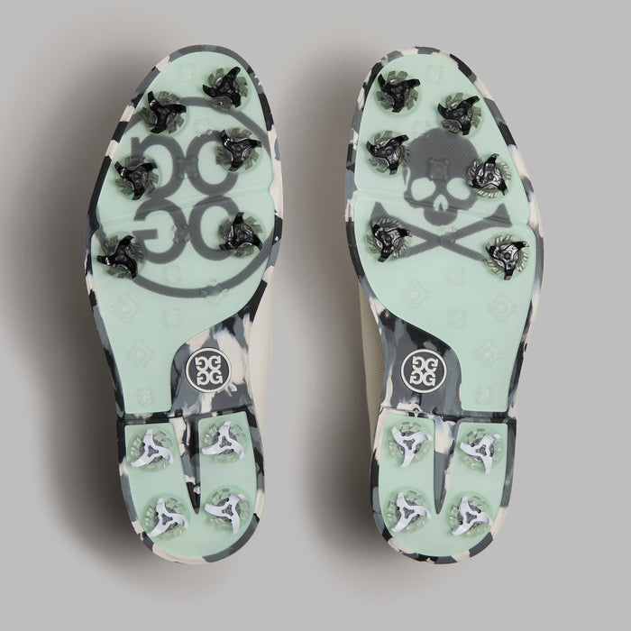 G/FORE Gallivanter G/LOCK Camo Sole Golf Shoes in white with charcoal camo. view of the underneath of the pair